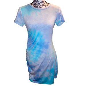 No comment Women's M Pastel Blue & Green Tie Dye Mini Dress with Cinched Side